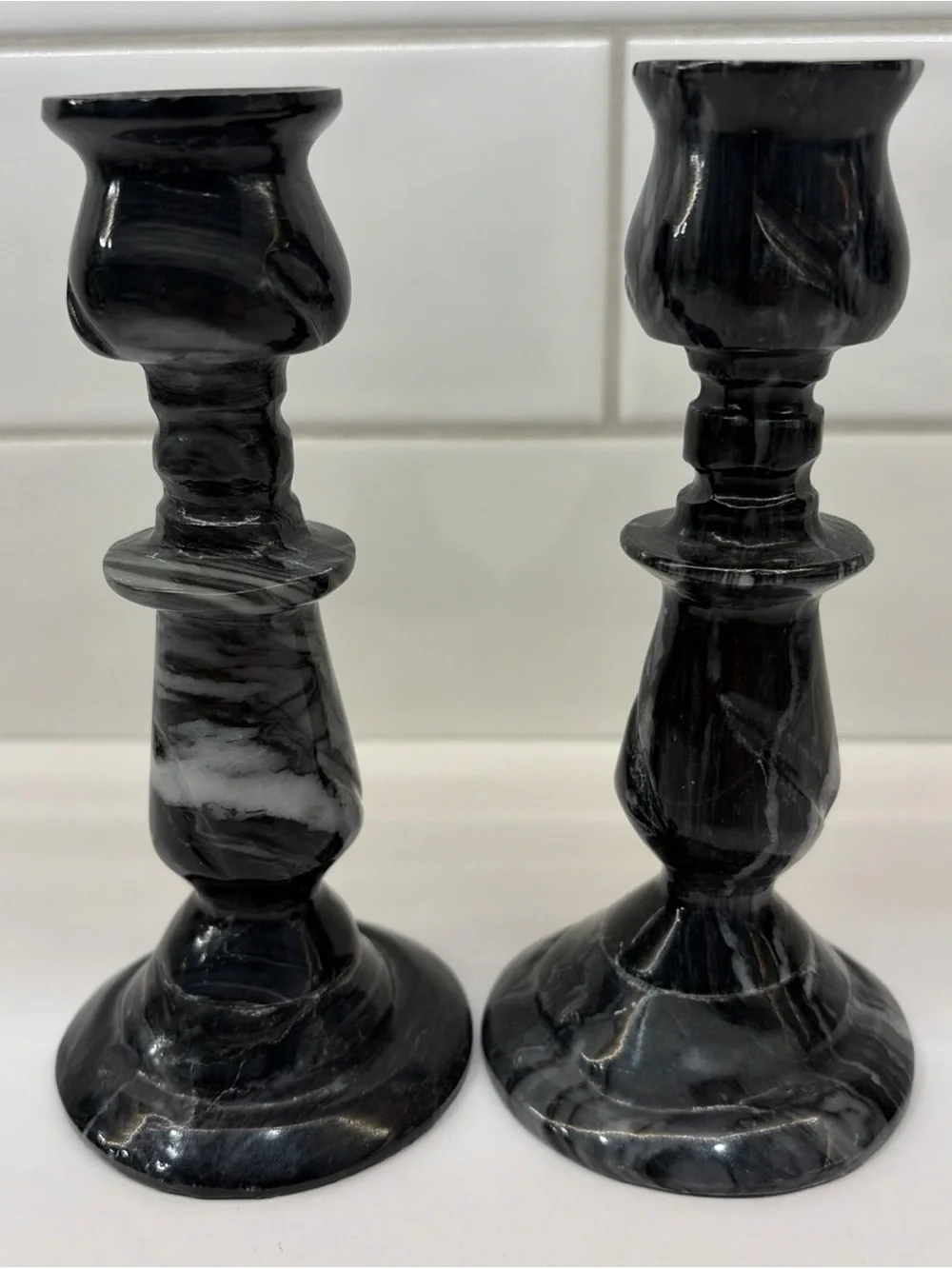 A Pair Of Vintage Black and White Marble Taper Dinner Candle Candlestick Holders